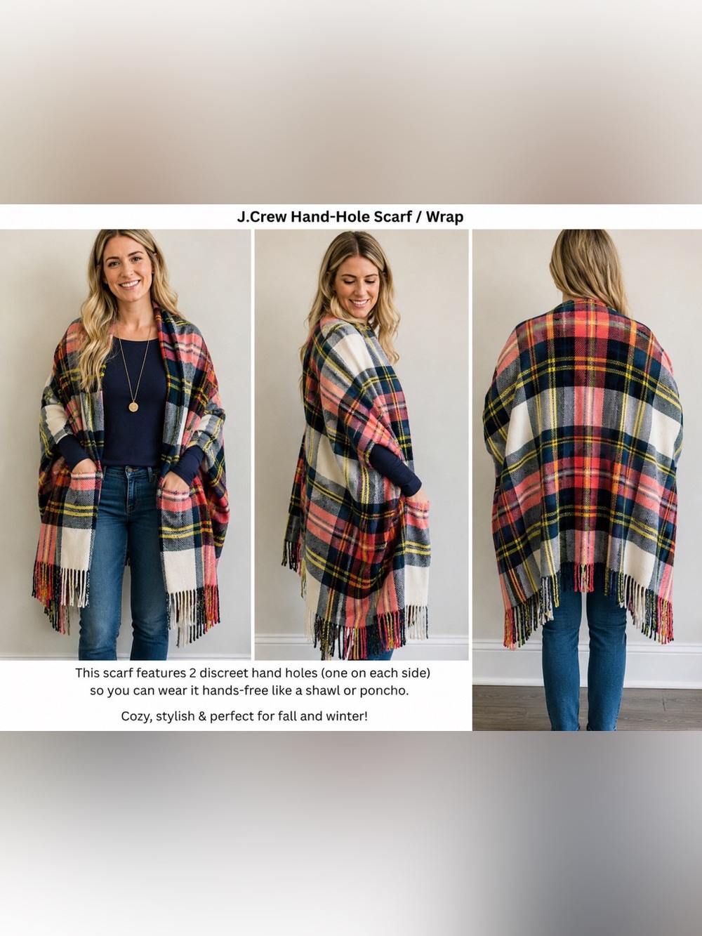 J.Crew Factory Plaid Cape Scarf with Arm Holes Fringe Wrap Shawl H2857